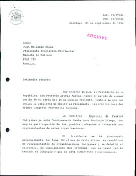 [Carta de respuesta del Jefe de Gabinete Presidencial dirigida al Presidente de la Asociación Provincial Mapuche de Malleco]