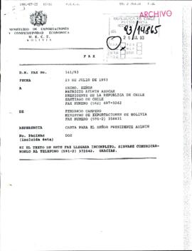 [Copia de fax de Ministro de Exportaciones de Bolivia, remite carta]