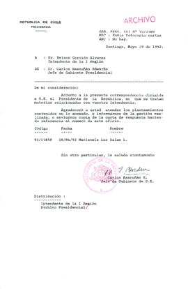 [Carta del Jefe de Gabinete de la Presidencia a Intendente de la I Región]