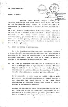 [Carta del Ministro del Interior respecto tramitación del veto presidencial en la Cámara de Diputados y en el Senado de la República].