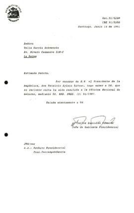 Carta remitida a la Of icina Nacional de Retorno, mediante Of. GAB. PRES. (0) 91/1987.