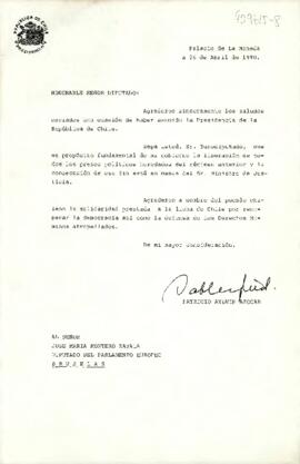 [Carta del Presidente Aylwin al Diputado del Parlamento Europeo, agradeciendo felicitaciones por asunción del mandato].