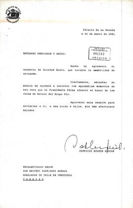 [Carta del Presidente Aylwin al Embajador de Chile en Venezuela, agradeciendo cassette de Soledad...