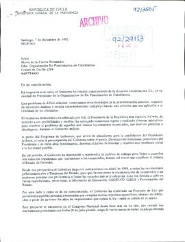 [Carta de Subsecretario General de la Presidencia a  Presidente de la Organización de Ex Funcionarios de Carabineros por situación de exonerados políticos]