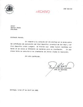 [Carta del Jefe de Gabinete Presidencial a diputado Manuel Antonio Matta]