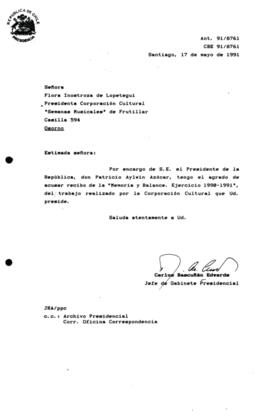 Carta acusa recibo de la "Memoria y Balance. Ejercicio 1990-1991