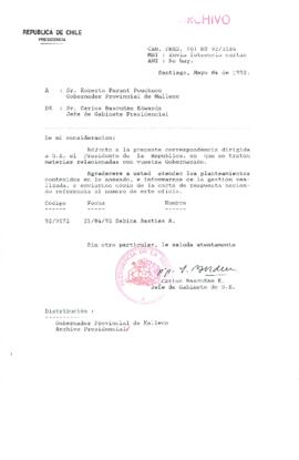 [Carta del Jefe de Gabinete de la Presidencia a Gobernador Provincial de Malleco]