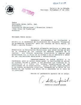 [Invitación del Presidente Corporación Educacional y Promoción Juvenil "Juan Diego de Guadalupe dirigida al Presidente Patricio Aylwin]