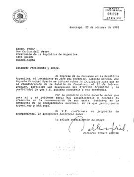 [Carta del Presidente Aylwin al Presidente de la Republica de Argentina, invitándolo a la conmemoración de la Batalla de Chacabuco].