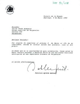 [Carta del Presidente Patricio Aylwin a Obispo Auxiliar de Valparaíso]