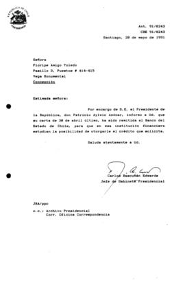 [Carta de respuesta por remisión de correspondencia enviada al Presidente, redirigiéndola   al Banco del Estado de Chile]
