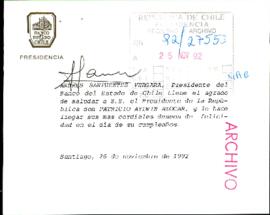 [Saludo de Cumpleaños del Presidente del Banco del Estado de Chile al Presidente Patricio Aylwin]