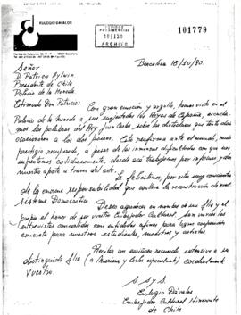 [Carta de embajador Cultural de Chile al Presidente Aylwin, referene a visita del Rey España al p...