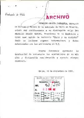 [Carta de Agregado Cultural Embajada de Chile en Ecuador adjunta informativo mensual]