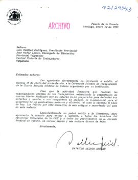 [Respuesta del Presidente Patricio Aylwin a Invitación de la CUT Valparaíso]