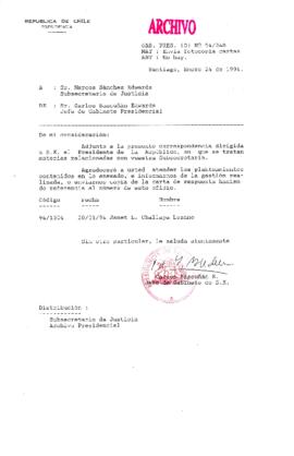 [Oficio Ord. N° 240 de Jefe de Gabinete Presidencial, remite copia de carta que se indica]