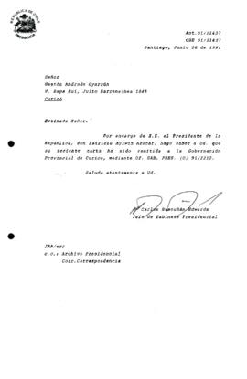 [Informa que carta fue remitida a la Gobernación Provincial de Curicó, mediante Of. GAB. PRES. (0) 91/2212]