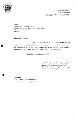 [Informa que carta fue remitida a Intendencia RM, mediante Of. GAB. PRES. (0) 91/2286]