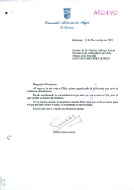 [Carta de agradecimientos del Presidente de la Comunidad Autónoma de Aragón]