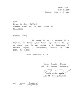 Carta remitida a la Subsecretaría de Desarrollo Regional y Administrativo, mediante Of. GAB. PRES. (O) 91/2589.