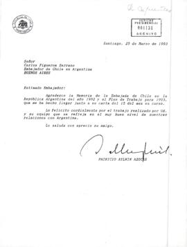 [Carta del Presidente Aylwin al Embajador de Chile en Argentina, agradeciendo la Memoria de la Em...