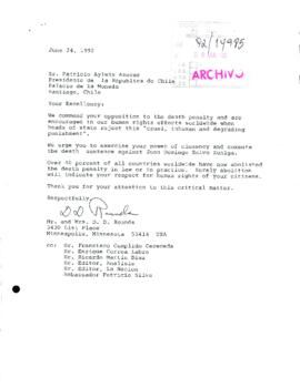 [Cartas dirigidas al Presidente Patricio Aylwin, referente a caso de pena de muerte a Juan Salvo ...