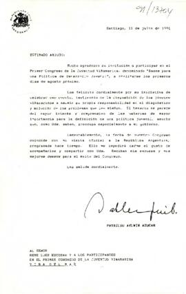 [Carta del Presidente Aylwin rechazando invitación al Primer Congreso de la Juventud Viñamarina].