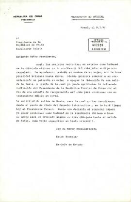 [Carta de Erich Honecker solicitando salida de la embajada chilena en Rusia]