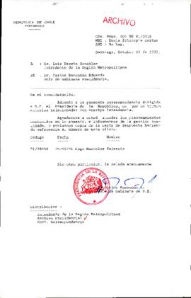 [Oficio del Jefe de Gabinete Presidencial dirigido al Intendente de la Región Metropolitana referente a solicitud de particular]
