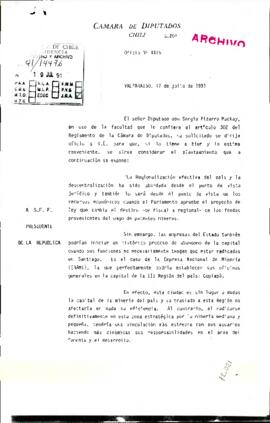 [Of. Nº 4416 de Cámara de Diputados, expone sugerencia de Diputado Sergio Pizarro, en relación a la regionalización]