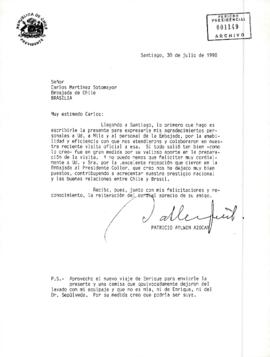 [Carta del Presidente Aylwin a la embajada de Chile en Brasilia].