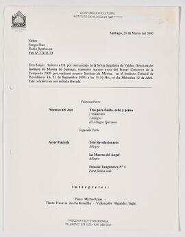 Fax N°274.33.23 desde el Instituto de Música de Santiago, dirigido al sr. Sergio Díaz, de Radio Beethoven