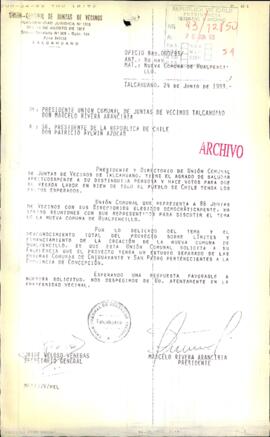 [Fax de Unión Comunal de Juntas de Vecinos de Talcahueano, expone en relacxión a la creación de la comuna de Hualpencillo]