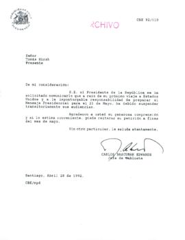 [Carta del Jefe de Gabinete de la Presidencia a Tomás Hirsch]