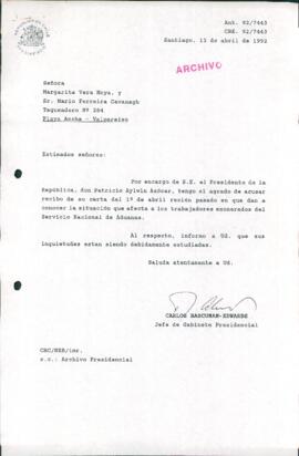 [Carta de solicitud de ex funcionarios exonerados del Servicio de Aduanas dirigida al Presidente Patricio Aylwin]