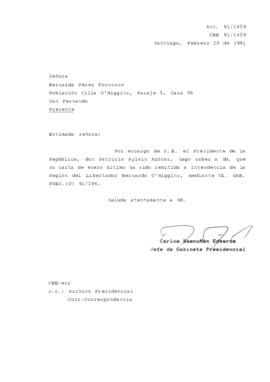 [Carta de respuesta del Jefe de Gabinete Presidencial sobre correspondencia remitida a la Intendencia de la Región del Libertador Bernardo O'Higgins]