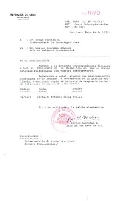 [Carta del Jefe de Gabinete de la Presidencia a Subsecretario de Investigaciones]