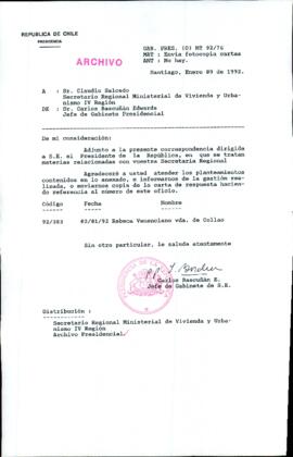 [Carta de Jefe de Gabinete de la Presidencia a SEREMI de Vivienda y Urbanismo de la IV Región]
