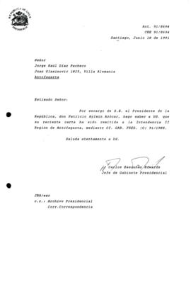 Carta remitida a la Intendencia II Región de Antofagasta, mediante Of. GAB. PRES. (O) 91/1908.