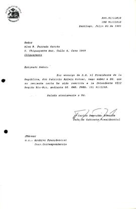 [Carta de respuesta del Jefe de Gabinete Presidencial sobre correspondencia remitida a la Intendente de la Región del Bío-Bío]