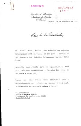[Carta del Presidente de la República de Mozambique referente a visita de su Ministro de Negocios Extranjeros a Chile]