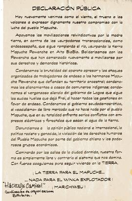 Declaración Pública. ¡La tierra para el Mapuche...nada para el winka explotador! ¡Marichiweu!