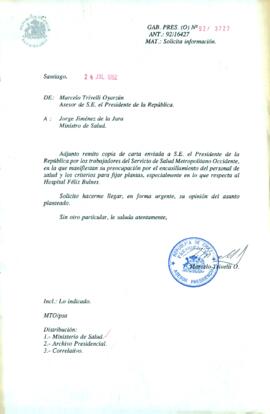 [Remite copia de carta enviada a S.E. el Presidente de la República por los trabajadores del Serv...