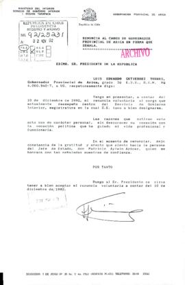 [Carta de renuncia de Gobernador Provincial de Arica]