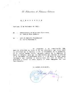 [Memorándum del Subsecretario de Relaciones Exteriores dirigido al Jefe de Gabinete Presidencial, referente a solicitud del Agregado Laboral de la Embajada de Chile en Bélgica]