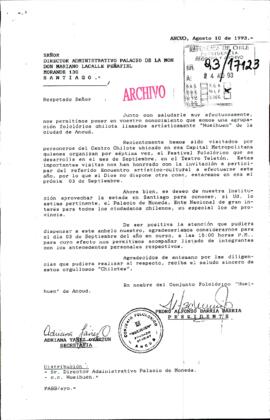 [Carta de agrupación folclórica Hueihuén para pedir una solicitud de visita al Palacio de La Moneda]