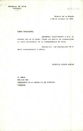 [Carta de S.E El Presidente de la República a Presidente de la República de Singapur]