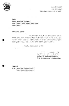 [Carta de respuesta del Jefe de Gabinete Presidencial sobre correspondencia remitida a la Intendencia de la Región Metropolitana]