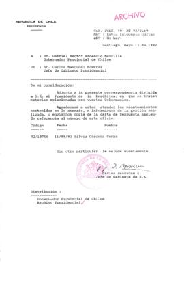 [Carta del Jefe de Gabinete de la Presidencia a Gobernador Provincial de Chiloé]