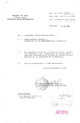 [Oficio Ord. N°1300/230 de Intendente Metropolitano, informa]